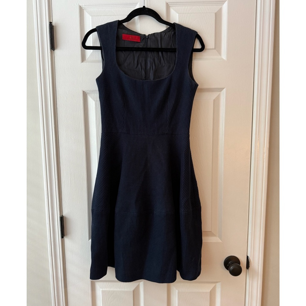 Carolina Herrera Navy Blue Textured Sleeveless Fit and Flare Midi Dress Womens 4
